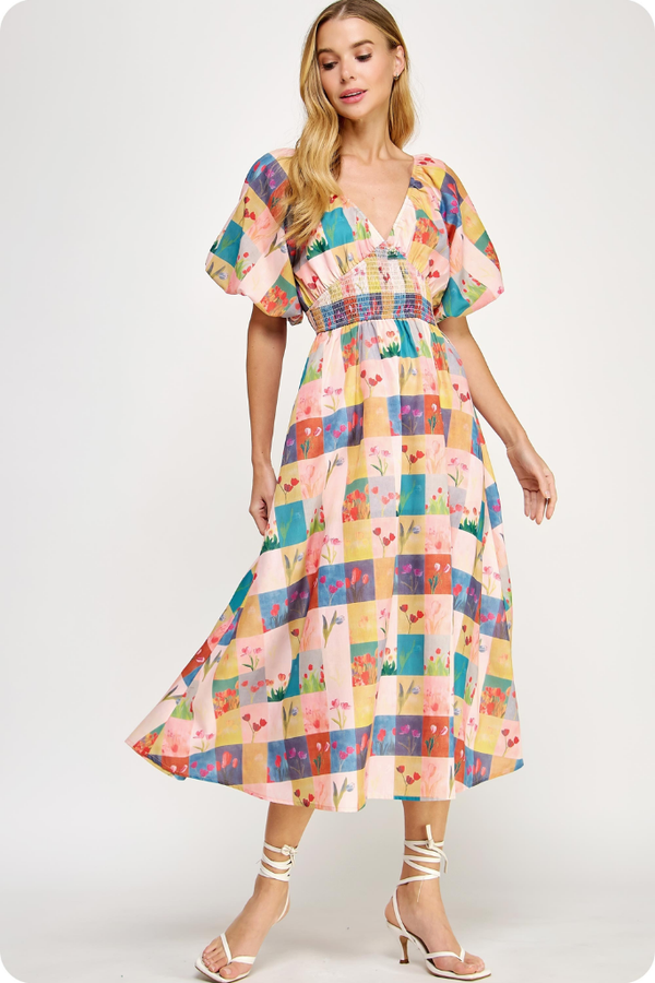 Eliza Plaid Floral Midi Dress