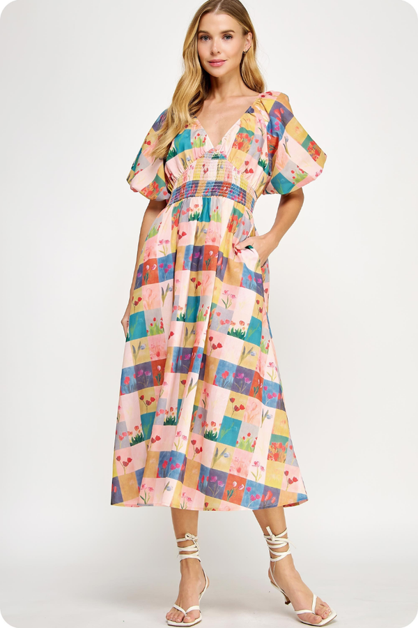 Eliza Plaid Floral Midi Dress