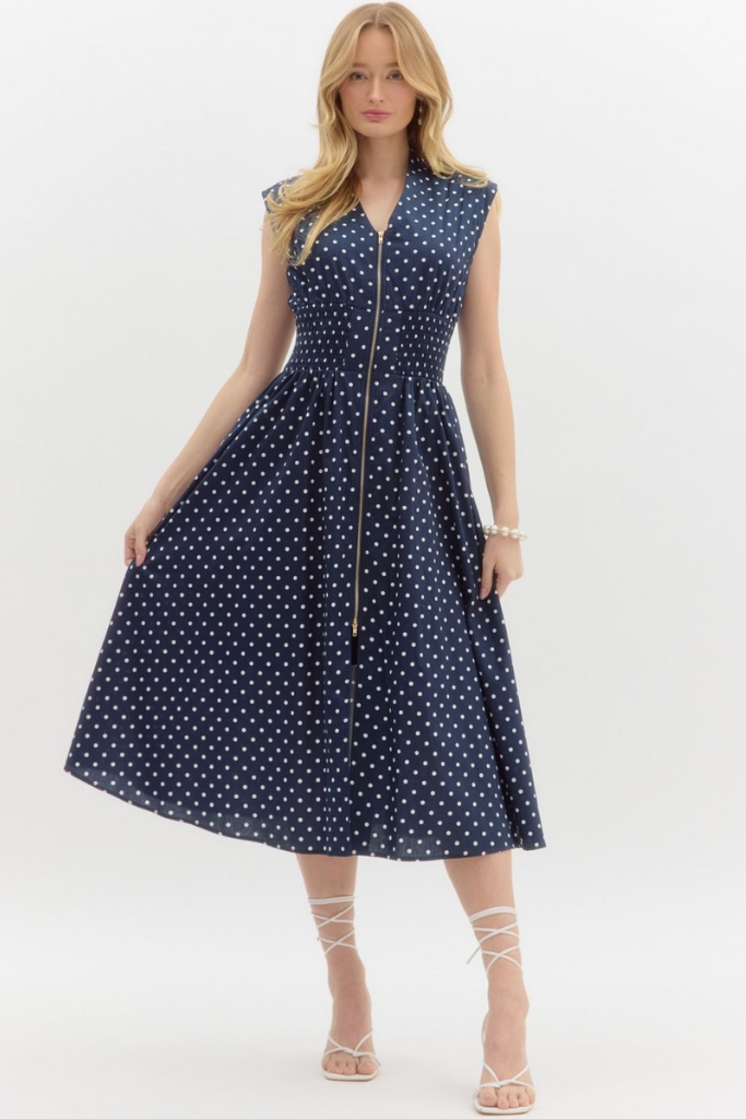 Elizabeth Zip Front Midi in Navy Polka Dot