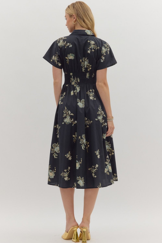 Elizabeth Floral Zip Front Midi Dress in Balck
