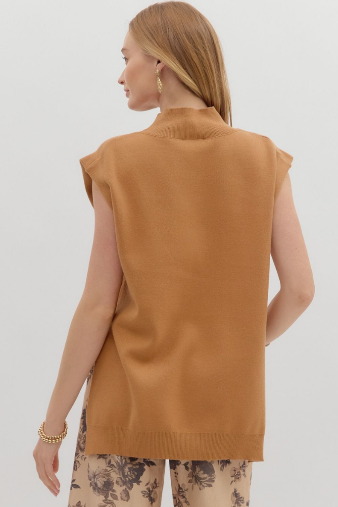 Cleo Sleeveless Mock Neck Sweater in Camel