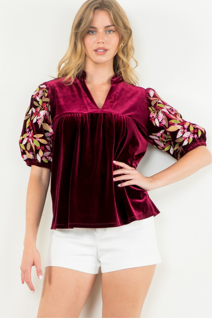 Wine Night Floral Embroidered Top