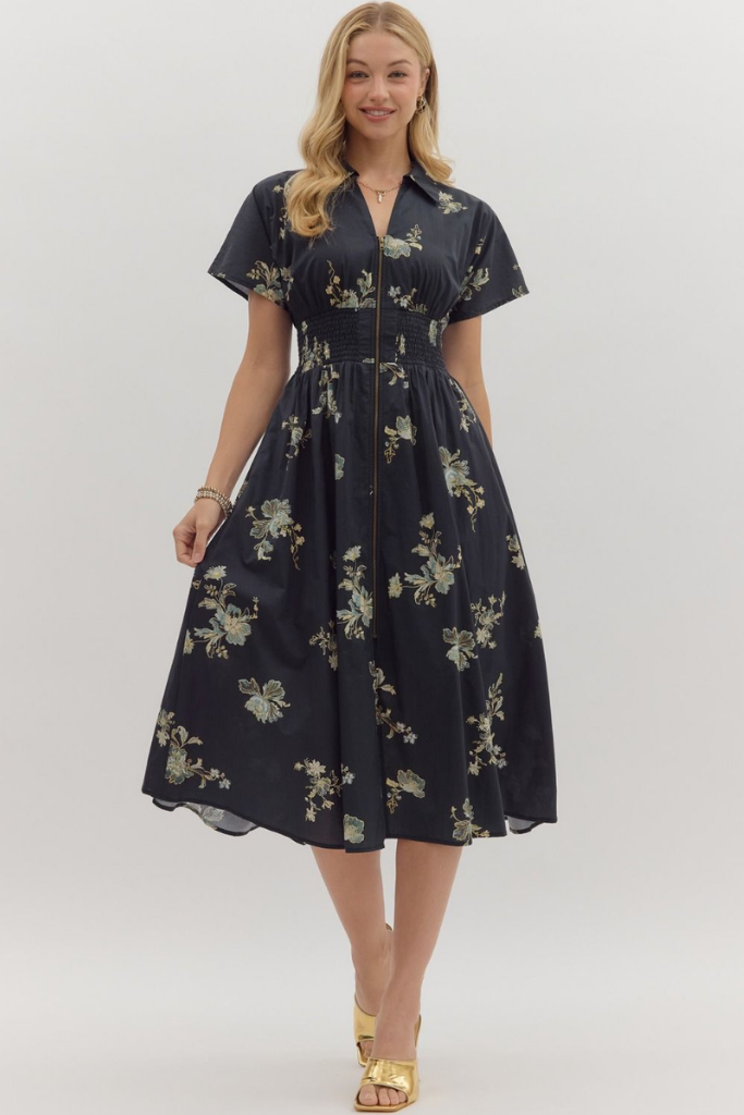 Elizabeth Floral Zip Front Midi Dress in Balck