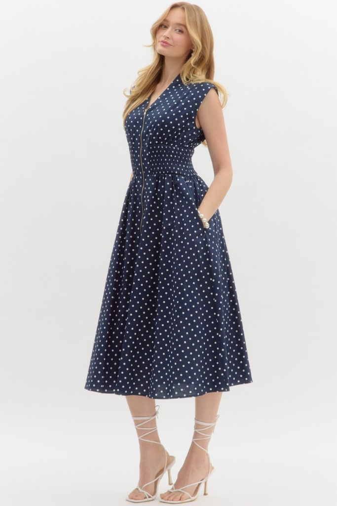 Elizabeth Zip Front Midi in Navy Polka Dot