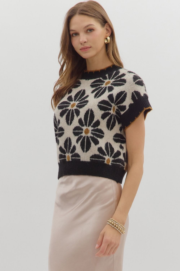 Celeste Floral Short Sleeve Sweater in Black