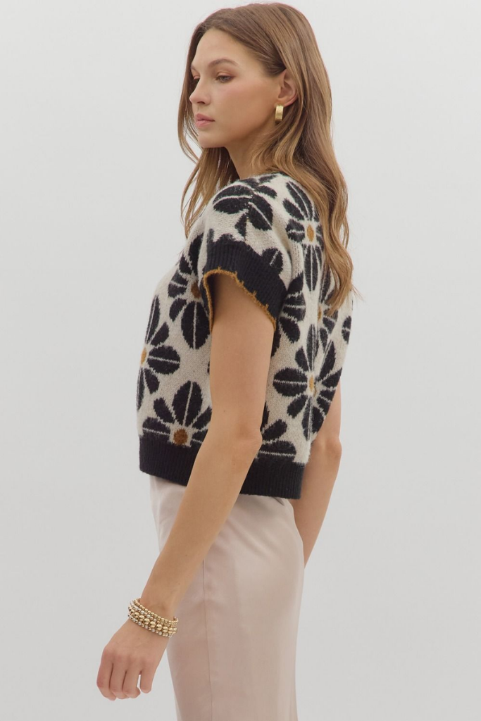 Celeste Floral Short Sleeve Sweater in Black