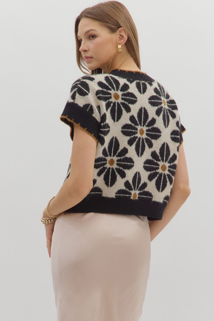 Celeste Floral Short Sleeve Sweater in Black