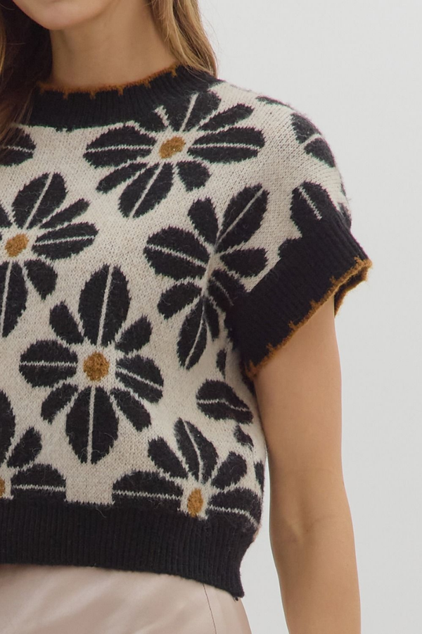 Celeste Floral Short Sleeve Sweater in Black