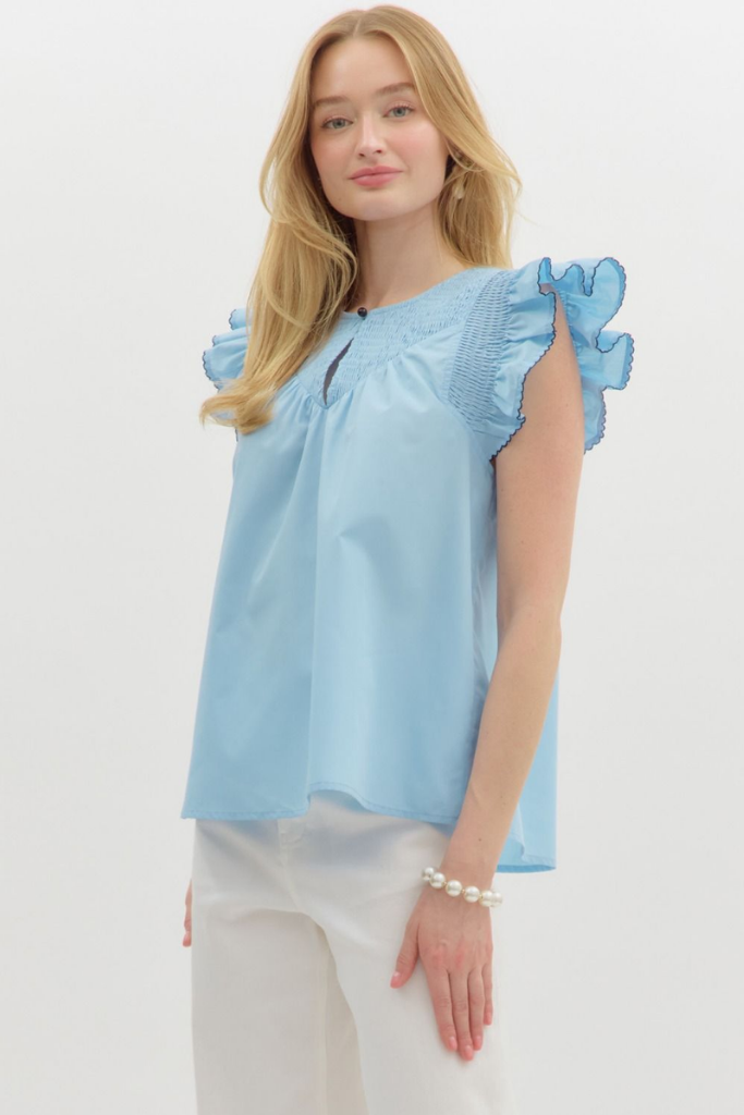 Poppy Scallop Flutter Sleeve Top in Chambray