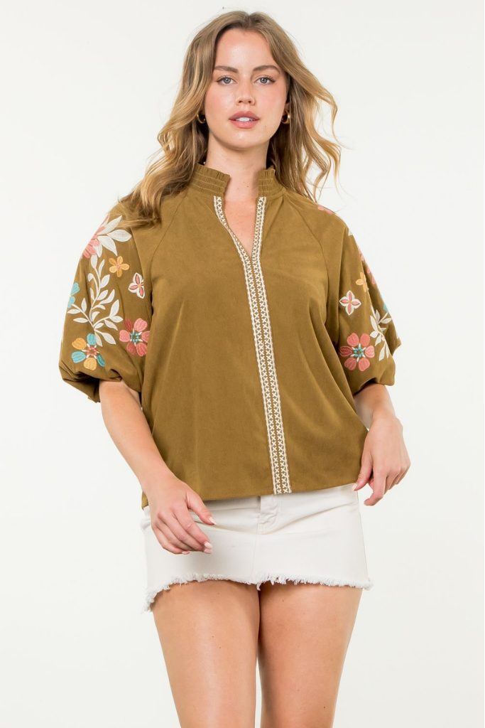 Emma Floral Embroidered Corduroy Top