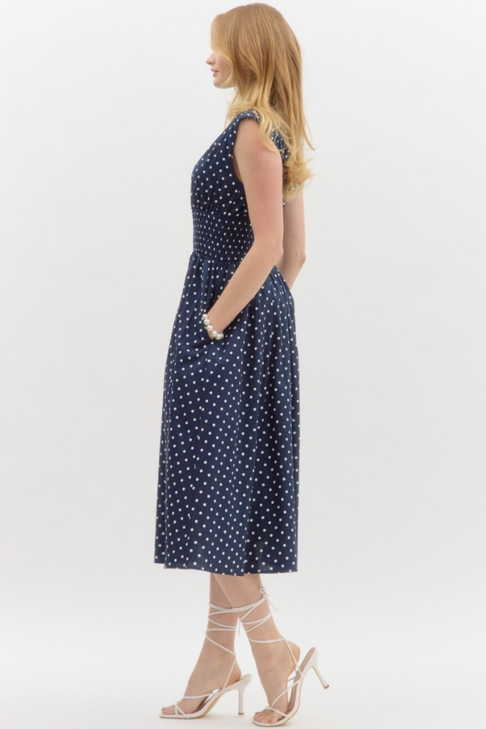 Elizabeth Zip Front Midi in Navy Polka Dot