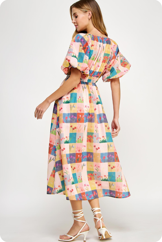 Eliza Plaid Floral Midi Dress