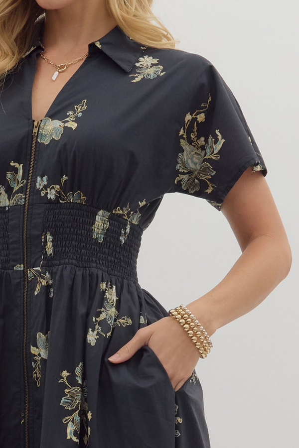Elizabeth Floral Zip Front Midi Dress in Balck