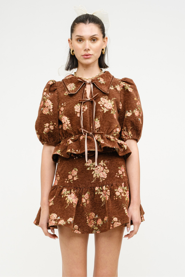 Floral Darling Tie Front Top in Brown