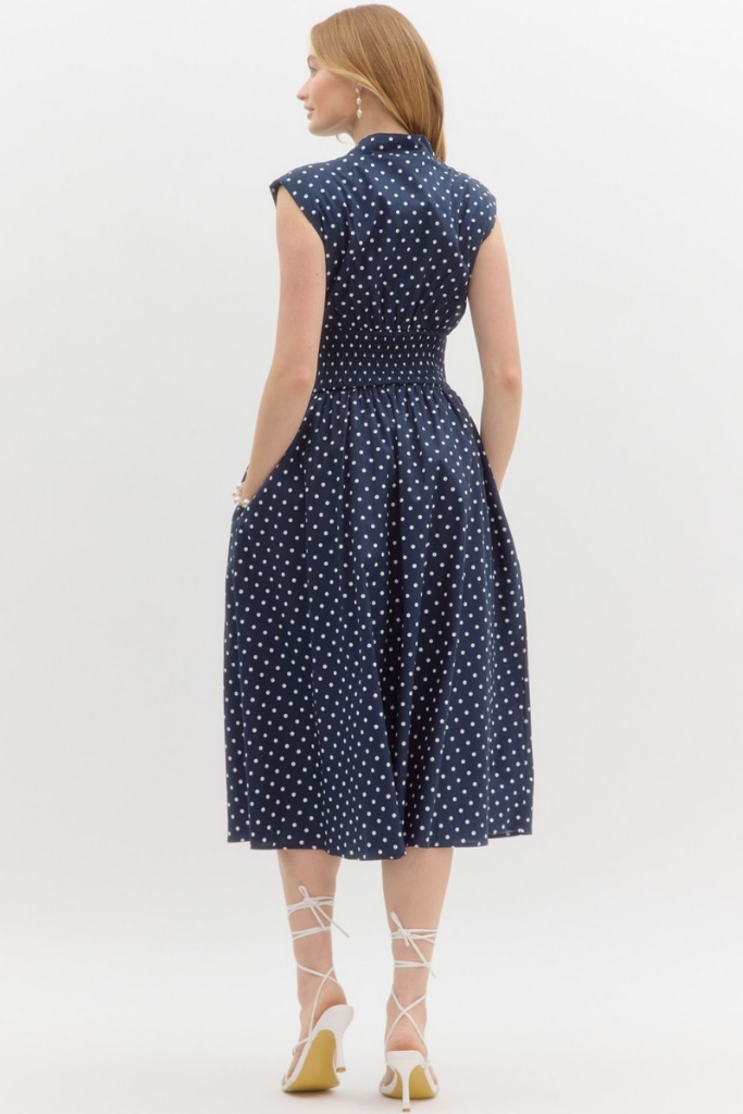 Elizabeth Zip Front Midi in Navy Polka Dot