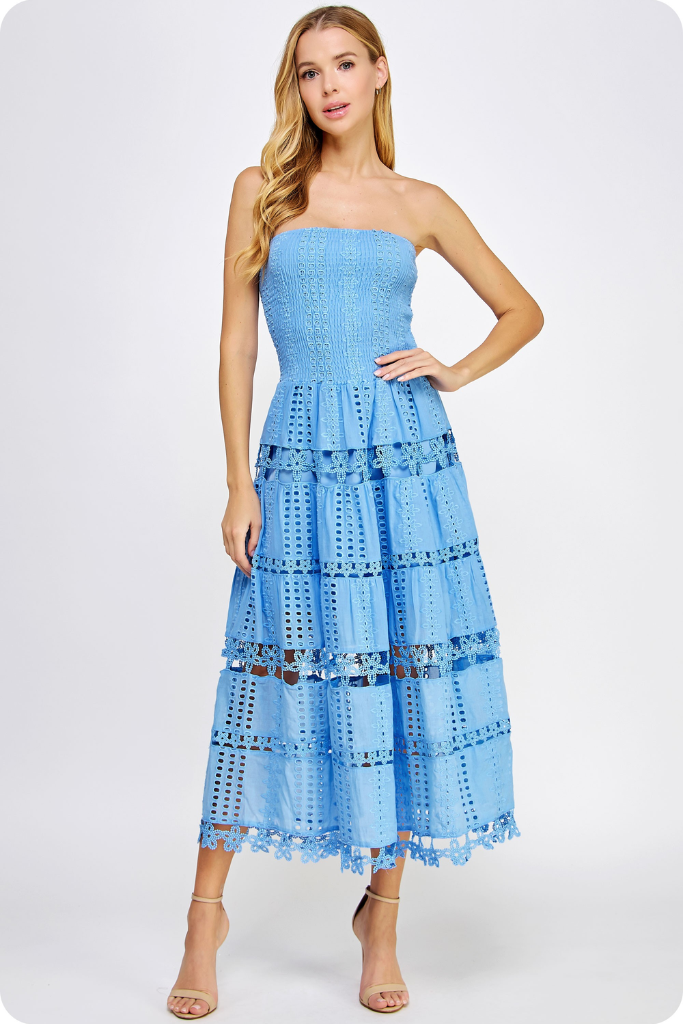 Linnea Eyelet Tube Midi Dress in Chambray