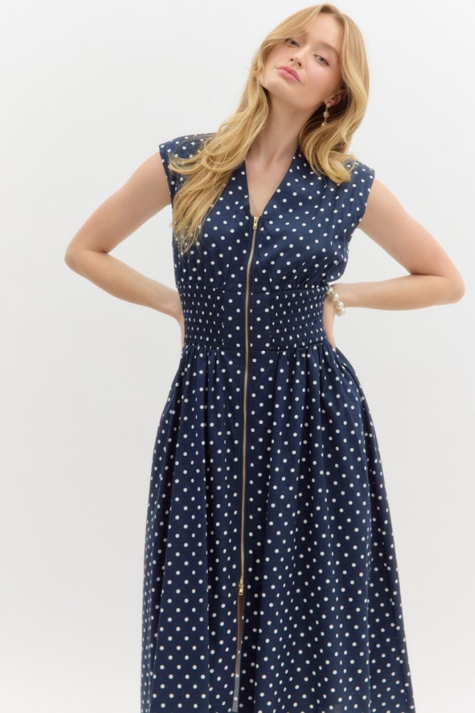 Elizabeth Zip Front Midi in Navy Polka Dot