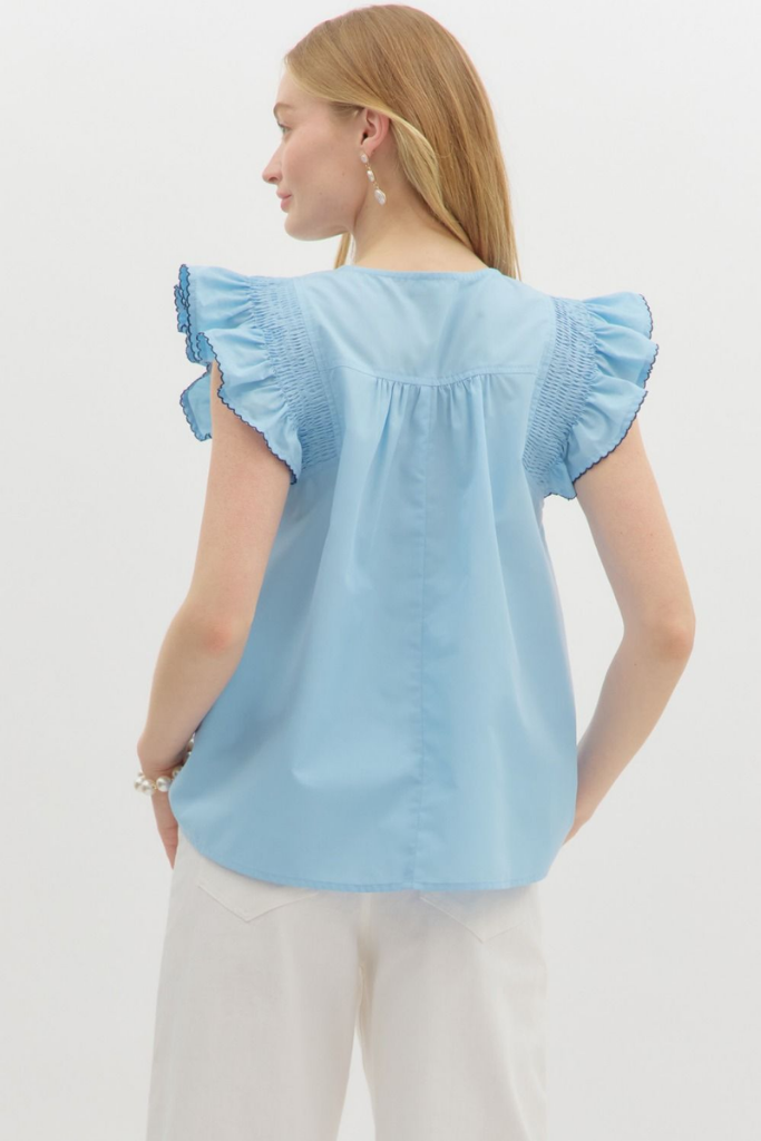 Poppy Scallop Flutter Sleeve Top in Chambray