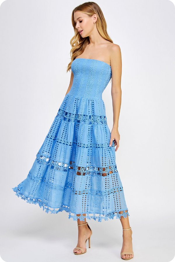 Linnea Eyelet Tube Midi Dress in Chambray