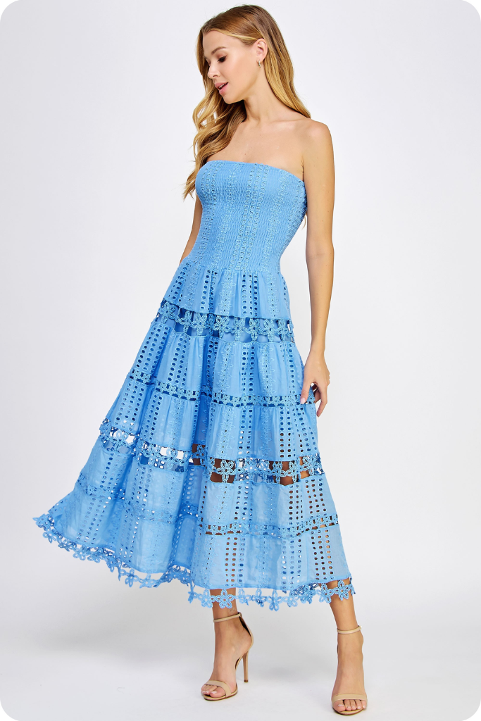 Linnea Eyelet Tube Midi Dress in Chambray