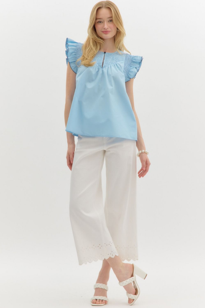 Poppy Scallop Flutter Sleeve Top in Chambray
