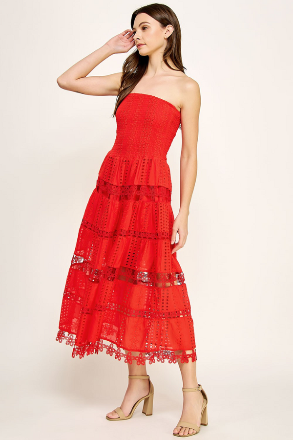 Linnea Eyelet Tube Midi Dress in Red