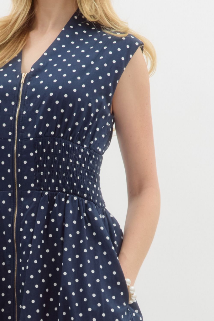 Elizabeth Zip Front Midi in Navy Polka Dot