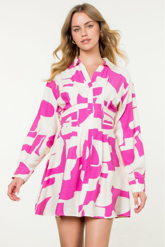 Isla Geo Print Long Sleeve Dress in Pink