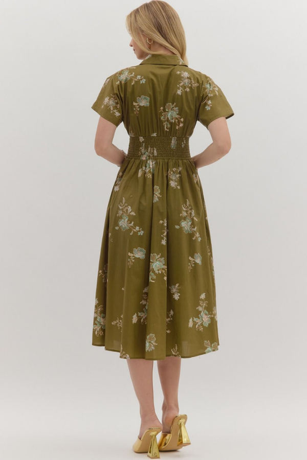 Elizabeth Floral Zip Front Midi Dress in Olive – ivy & leo
