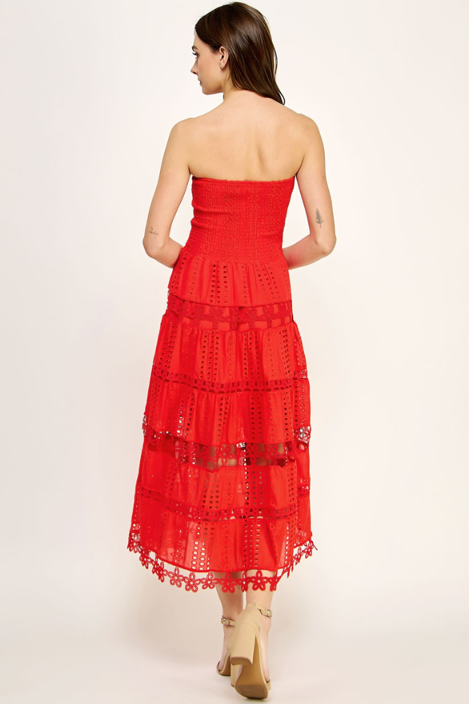 Linnea Eyelet Tube Midi Dress in Red