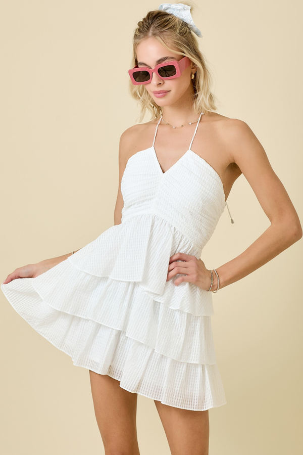 Clementine Ruched Front Halter Dress in Off White