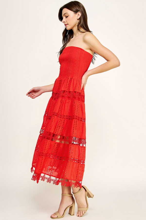 Linnea Eyelet Tube Midi Dress in Red