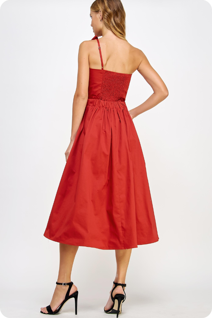 Chloe Bow Front Midi Dress in Brick