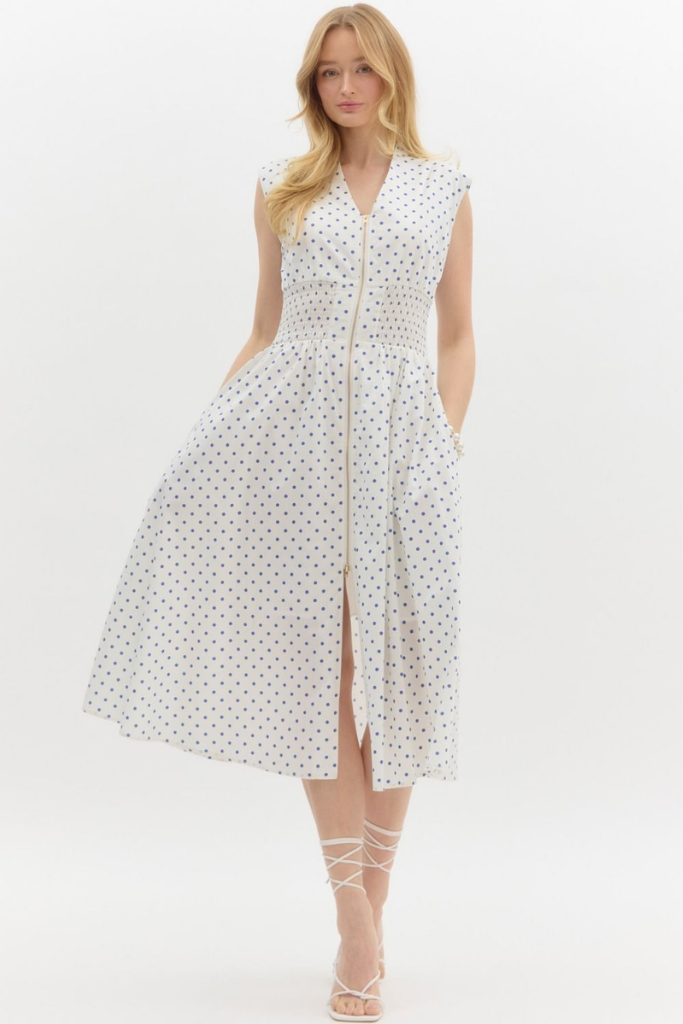 Elizabeth Zip Front Midi Dress in Cream Polka Dot