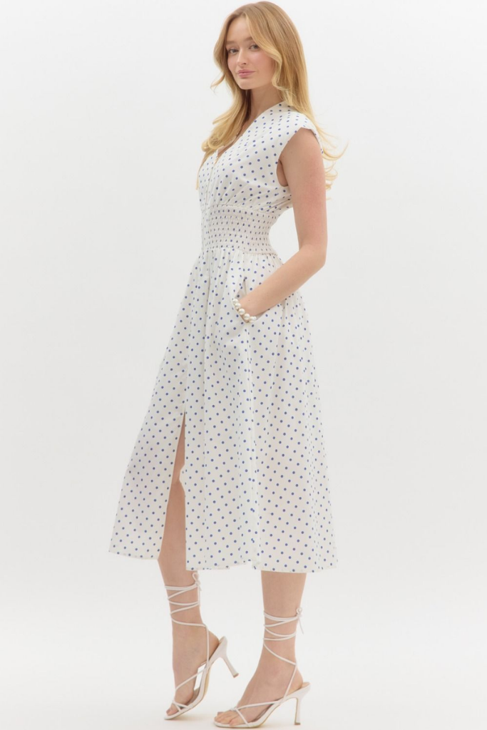 Elizabeth Zip Front Midi Dress in Cream Polka Dot