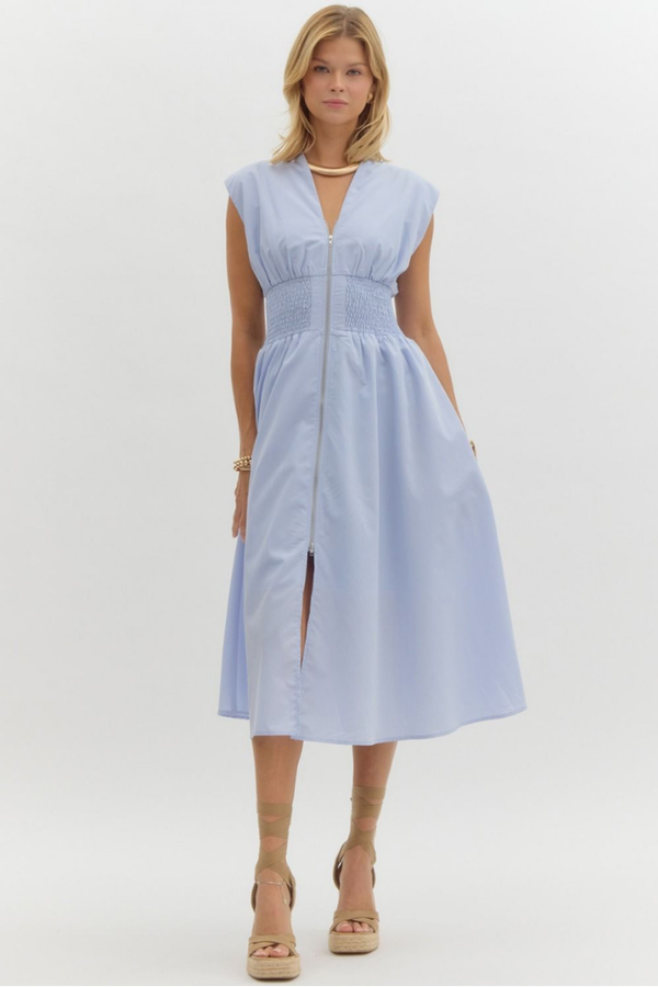 Elizabeth Zip Front Midi Dress in Baby Blue