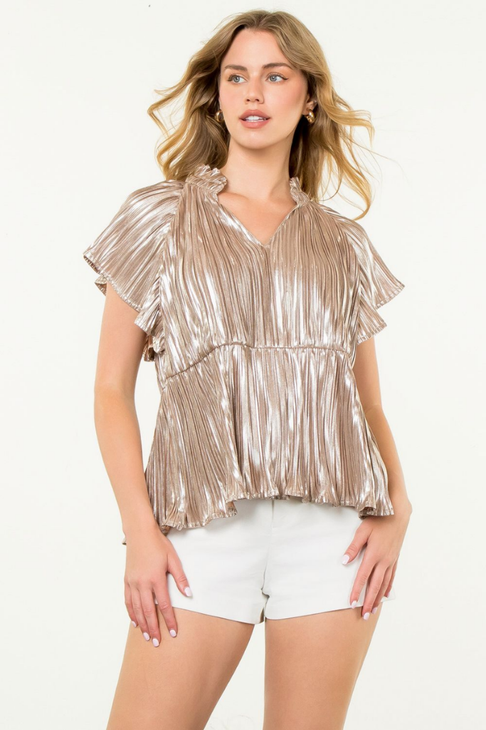 Cora Metallic Pleated Top