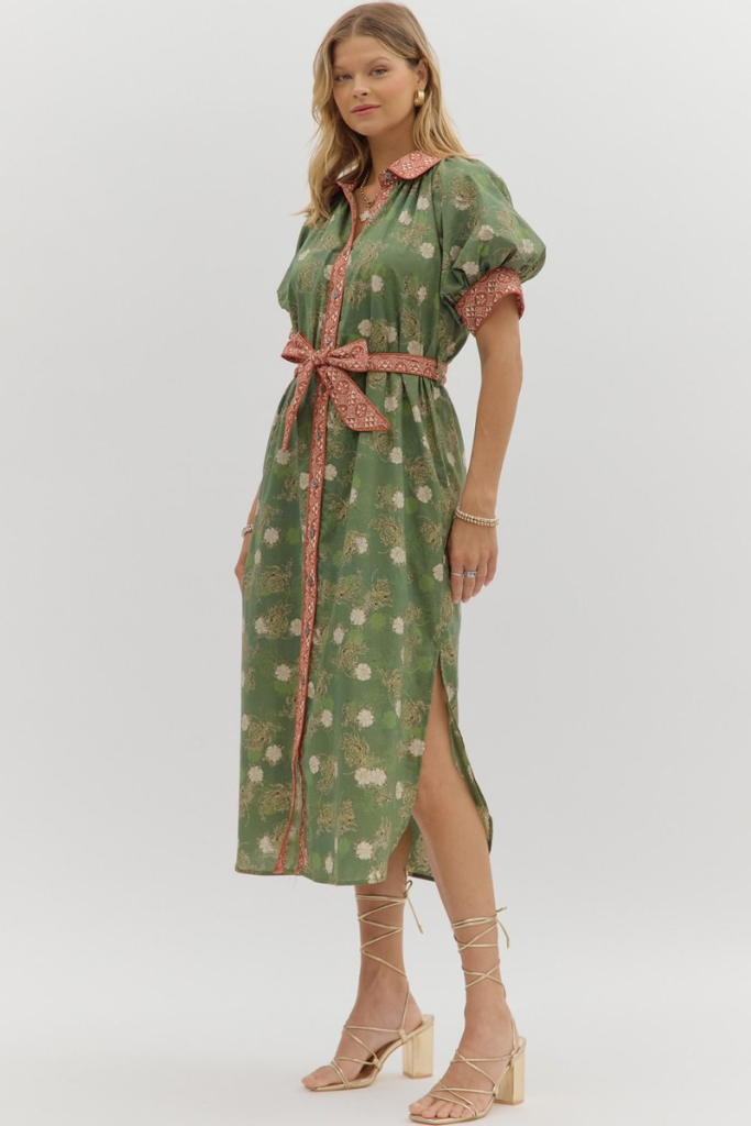 Autumn Floral Belted Midi Dress