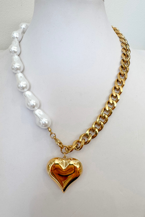 Pearl and Chain Heart Drop Necklace