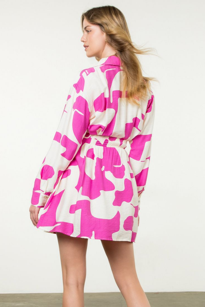 Isla Geo Print Long Sleeve Dress in Pink