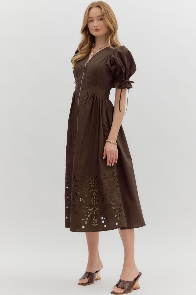 Elizabeth Crochet Trim Zip Front Midi Dress in Brown