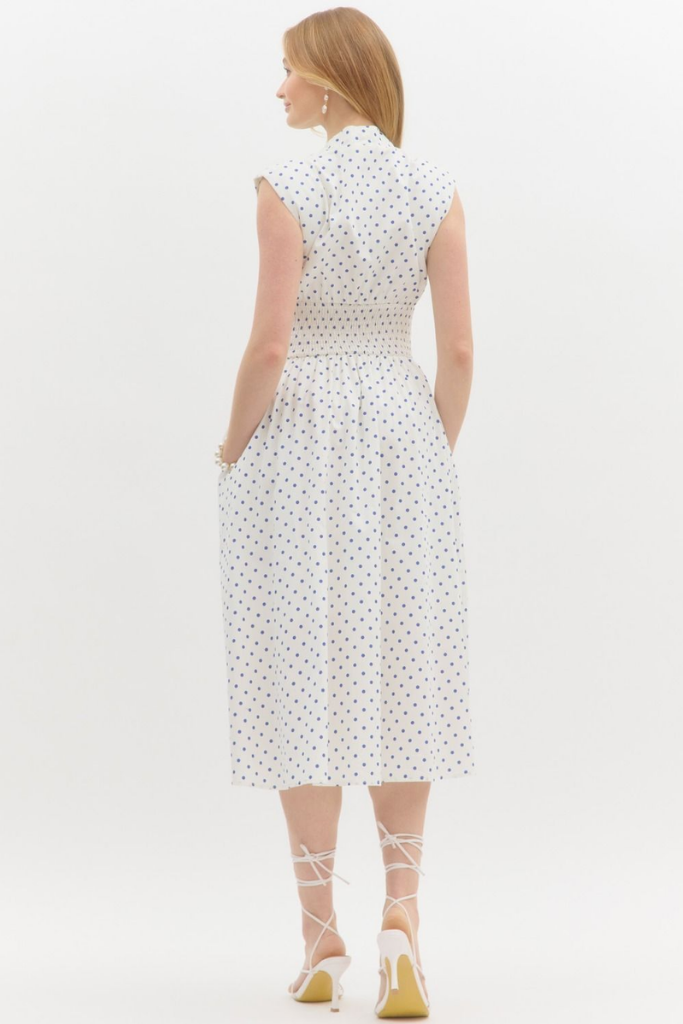 Elizabeth Zip Front Midi Dress in Cream Polka Dot