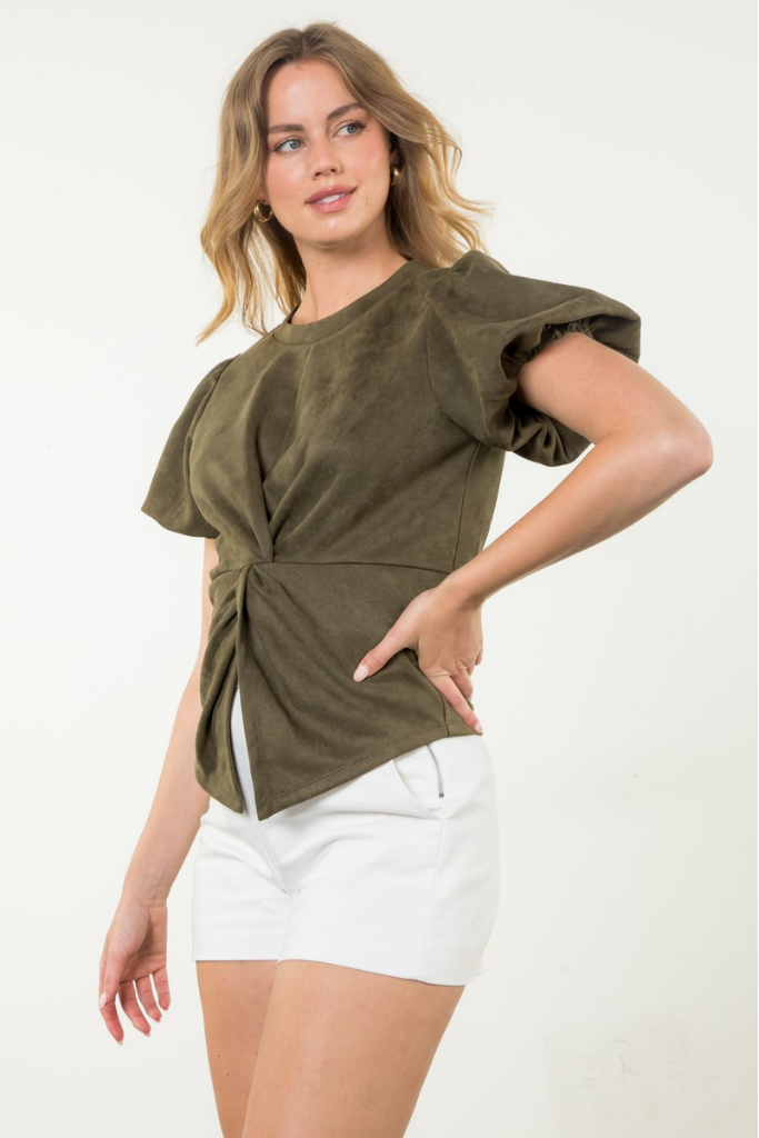 Addison Suede Twist Top in Olive