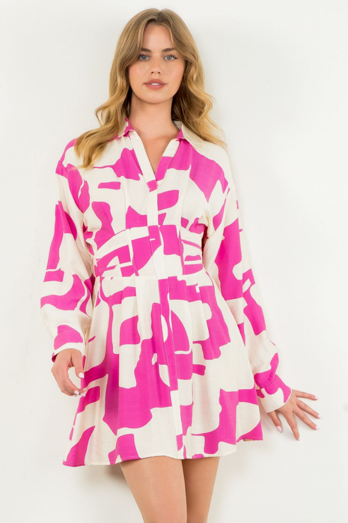 Isla Geo Print Long Sleeve Dress in Pink