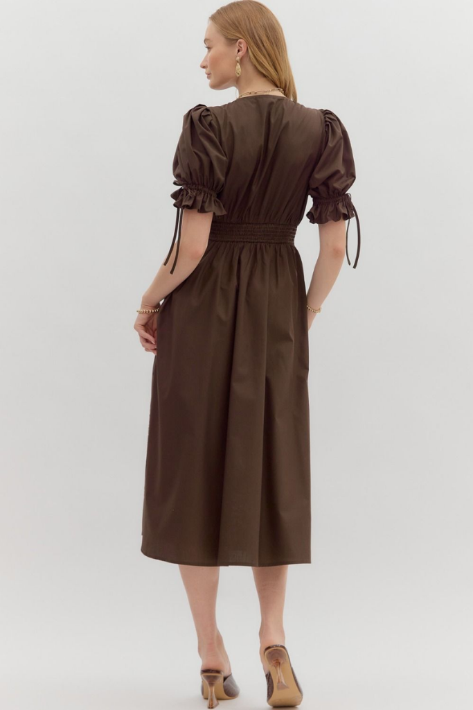 Elizabeth Crochet Trim Zip Front Midi Dress in Brown