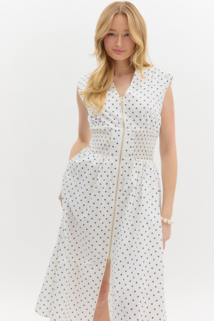 Elizabeth Zip Front Midi Dress in Cream Polka Dot