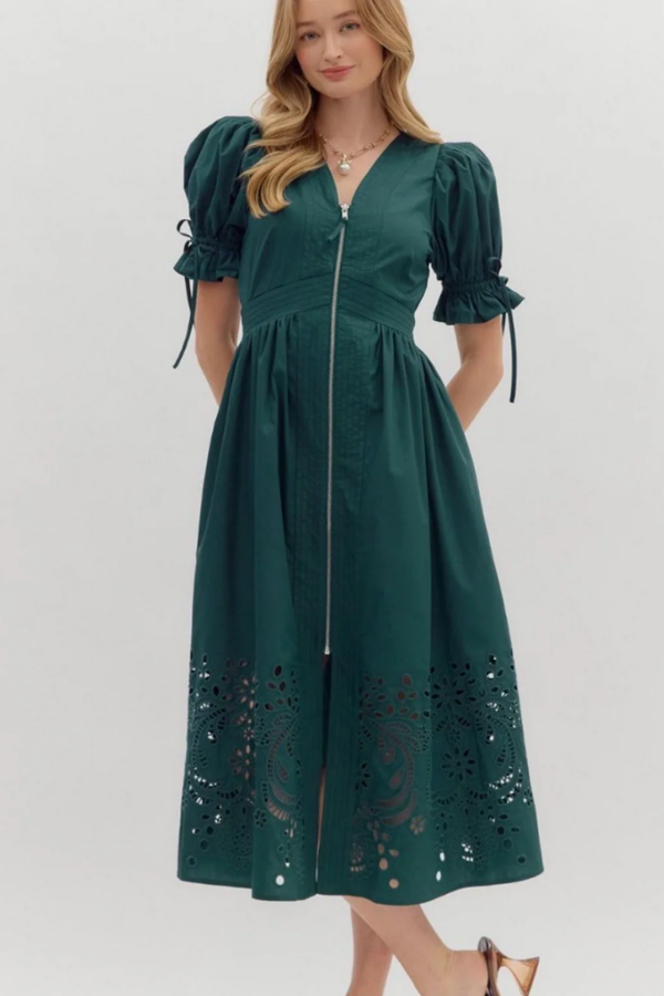 Elizabeth Crochet Trim Zip Front Midi Dress in Teal ivy & leo Elizabeth Crochet Trim Zip Front Midi Dress in Teal ivy & leo
