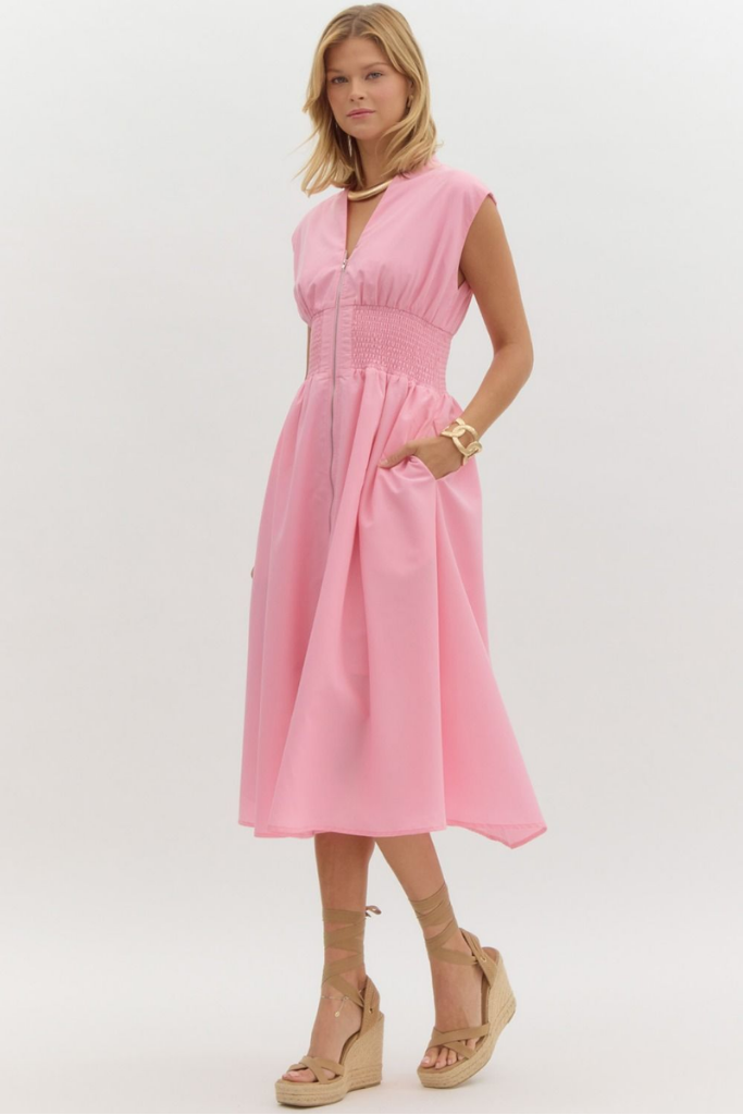 Elizabeth Zip Front Midi Dress in Baby Pink