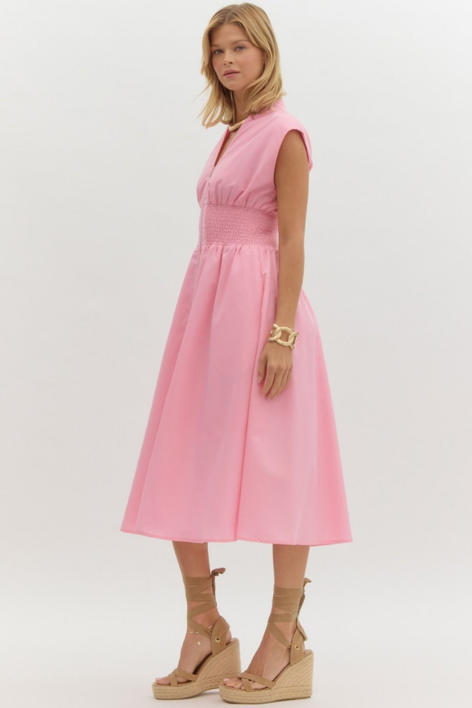 Elizabeth Zip Front Midi Dress in Baby Pink