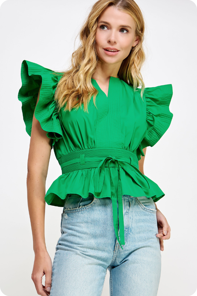 Audrey Flutter Sleeve Top in Emerald